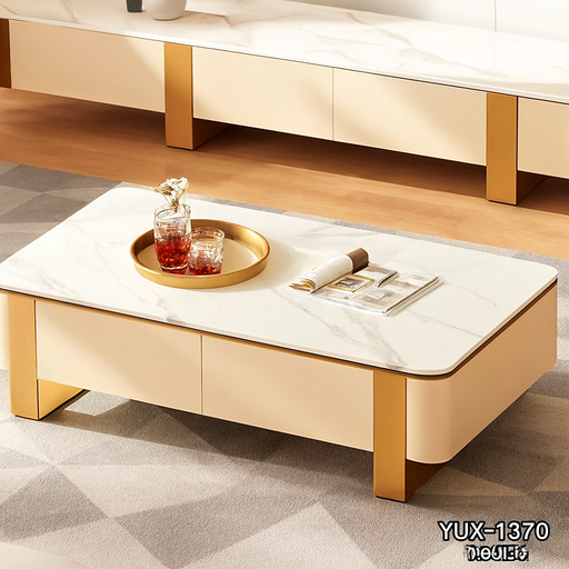 YUX-1370 White & Gold Coffee Table - Marble Look Centerpiece for Modern Living Rooms